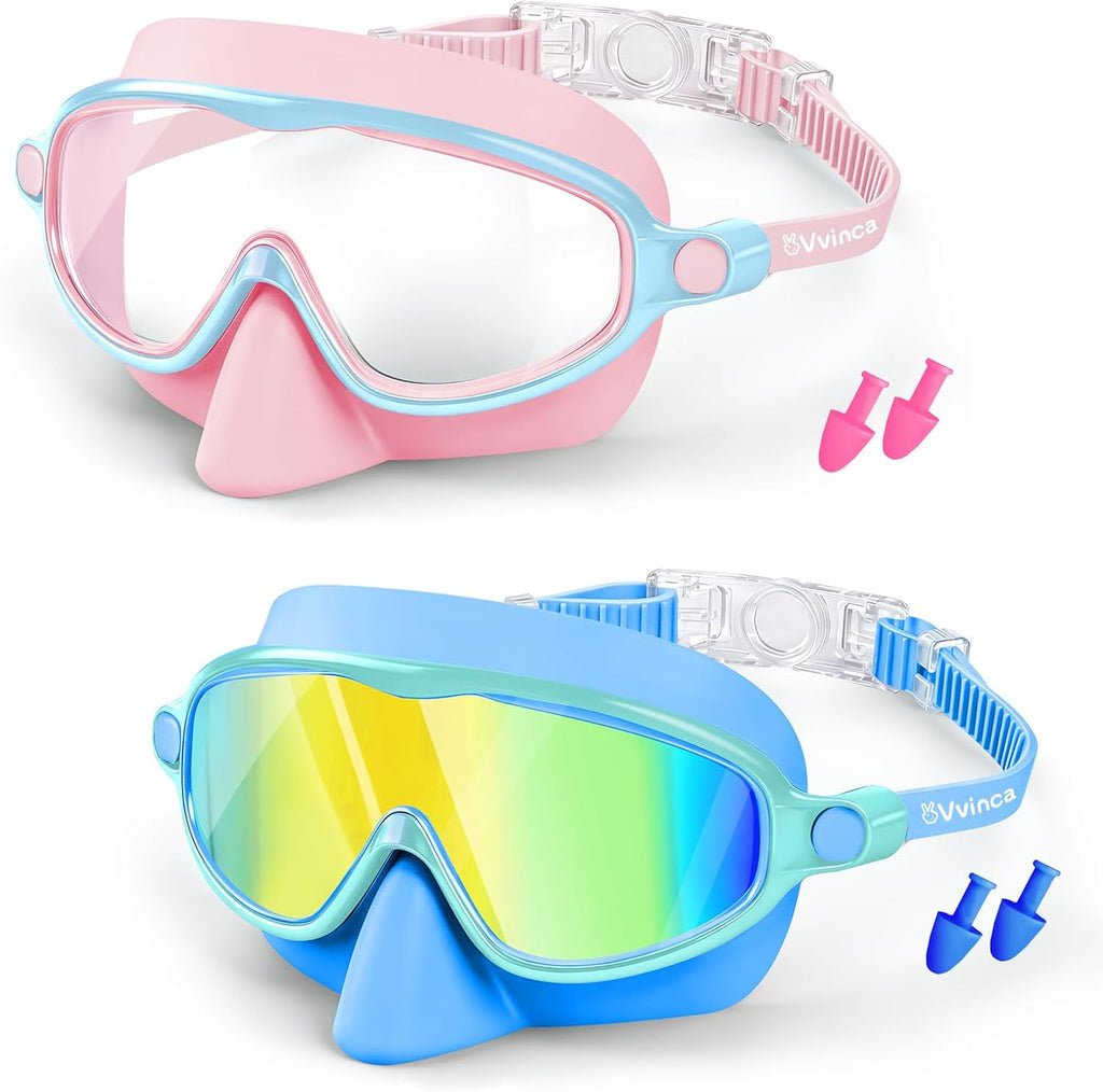 Vvinca Kids Swim Goggles - 2 Pack with Nose Cover | Anti-Fog UV Protection for Ages 3-14
