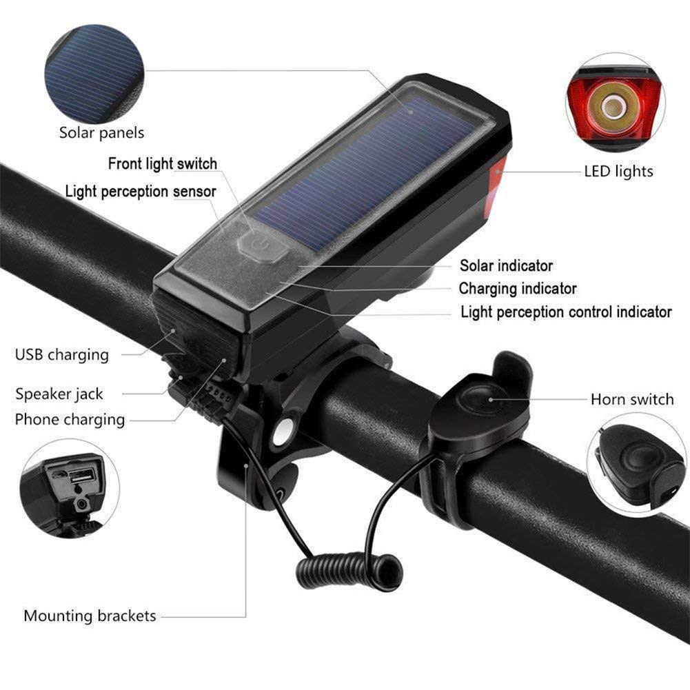 Ultra Bright Solar-Powered and USB Rechargeable Mountain Bike Front Lights 5 Modes 120db Bicycle Electric Bell Horn 350 Lumens 4 Mode Waterproof Bicycle Headlight, Road Cycling Safety Charging Lights