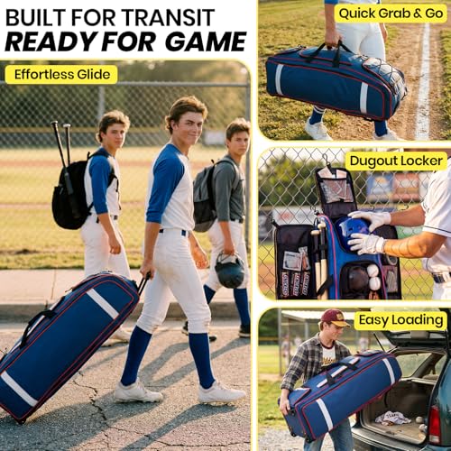 Fanwoli Pro Navy 100L Baseball Catchers Gear Bag with Organizer & 5-Hook Dugout