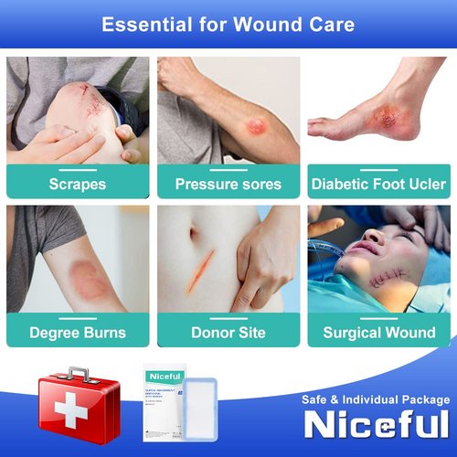 Niceful Super Absorbent Wound Dressing 4" x 8" (10 Pcs) – Sterile Non Stick Gauze Pads for Wound Care, Heavy Exudate Large Bandages for Pressure Ulcers, Bedsores, Diabetic Foot Ulcers