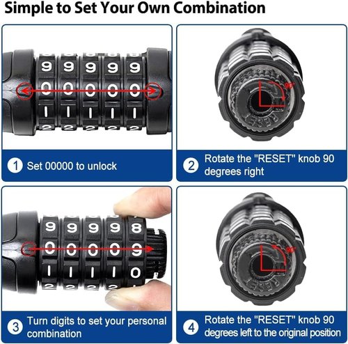 NDakter Heavy-Duty Bike Lock - 5-Digit Combination Anti-Theft Chain Lock | 2.62 to 6 Ft Length, High Security