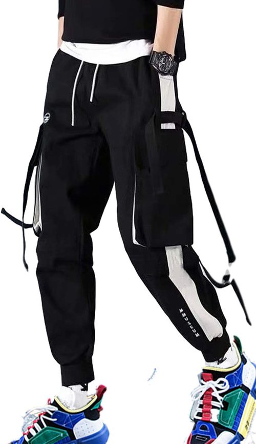 Men's Jogger Pants Punk Cargo Baggy Techwear Streetwear Hip Hop Couple Women Unisex Sports Casual Pants (Black-08,Large)
