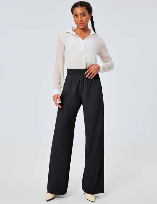 Ewedoos Wide Leg Pants Woman Lightweight Sweatpants Travel Track Work Yoga Dress Pants High Waisted with Pockets Casual Black