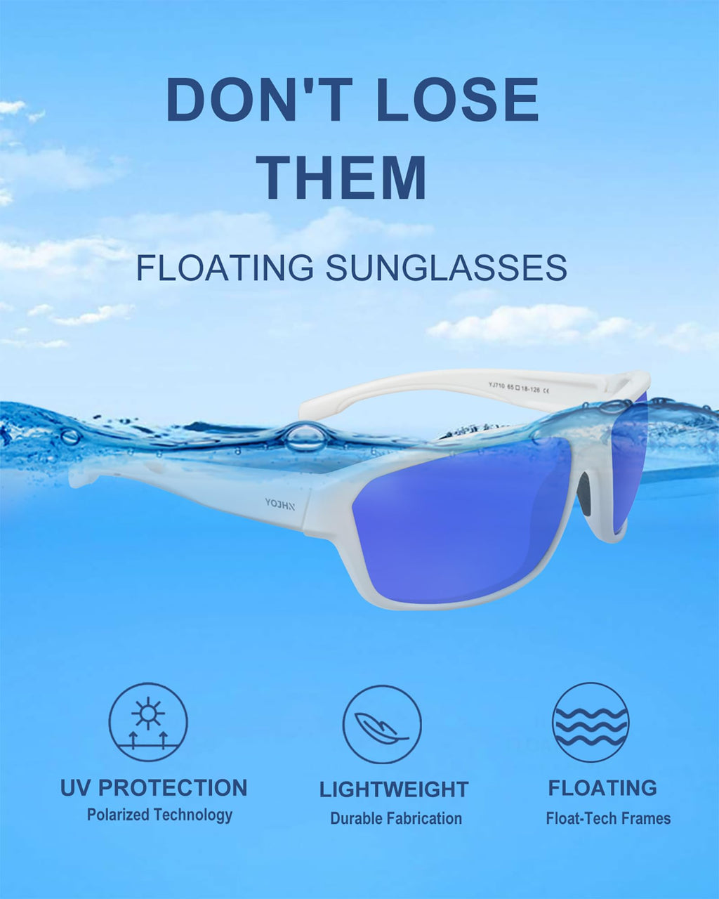 YOJHN Floating Polarized Sunglasses for Men Women UV400 Fishing Sunglasses See Fish in Water Kayaking Boating Sports Glasses (White Frame Smoke Base Blue Revo)