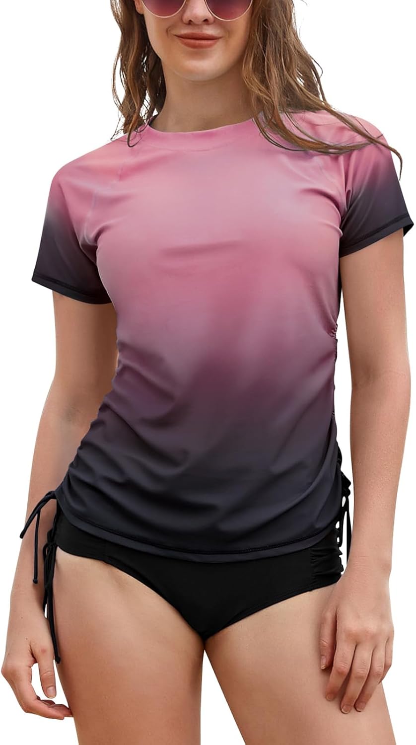 Shekini Women's Swim Shirt - UPF 50+ Short Sleeve Rash Guard with Adjustable Tie | UV Sun Protection