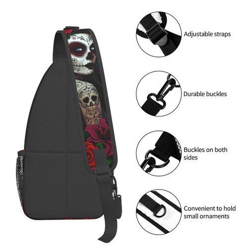 KMIVQGE Sugar Skull Rose Crossbody Backpack for Travel Hiking Chest Daypack Shoulder Sling Bag for Men Women Cycling Walking