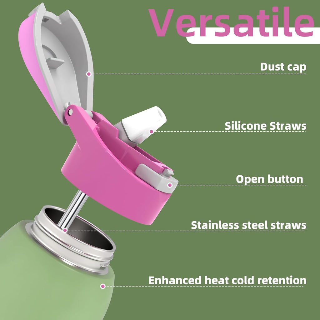 Saseum Water Bottle with Straw, 24 oz Free-Sip Double-Wall Vacuum Insulated Stainless Steel Bottle, One-Click Open Design with Soft Silicone Spout, BPA-Free, Ideal for School, Sports & Travel