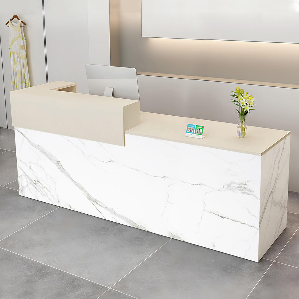 Modern Reception Desk with Drawer & Open Shelves, 39-95 Inch Front Counter Table, Computer Workstation Suitable for Salons, Offices, Lobbies, Retail Stores and Home Offices
