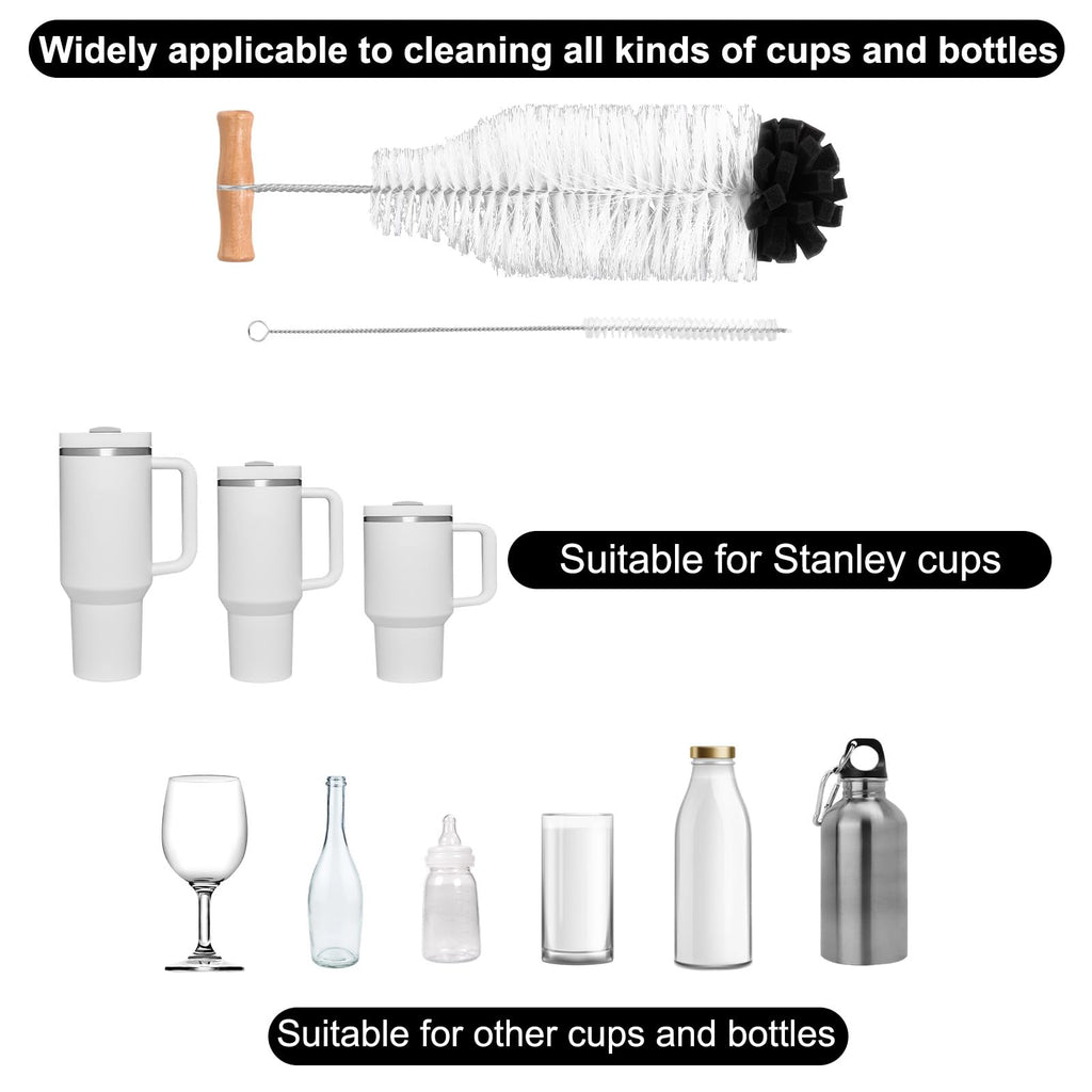2pcs Water Bottle Cleaning Brush Set, Long Wooden Handle Brush with Straw Cleaner Water Bottle Cleaning Kit for Stanley Cup Tumblers Travel Mugs & Other Bottles