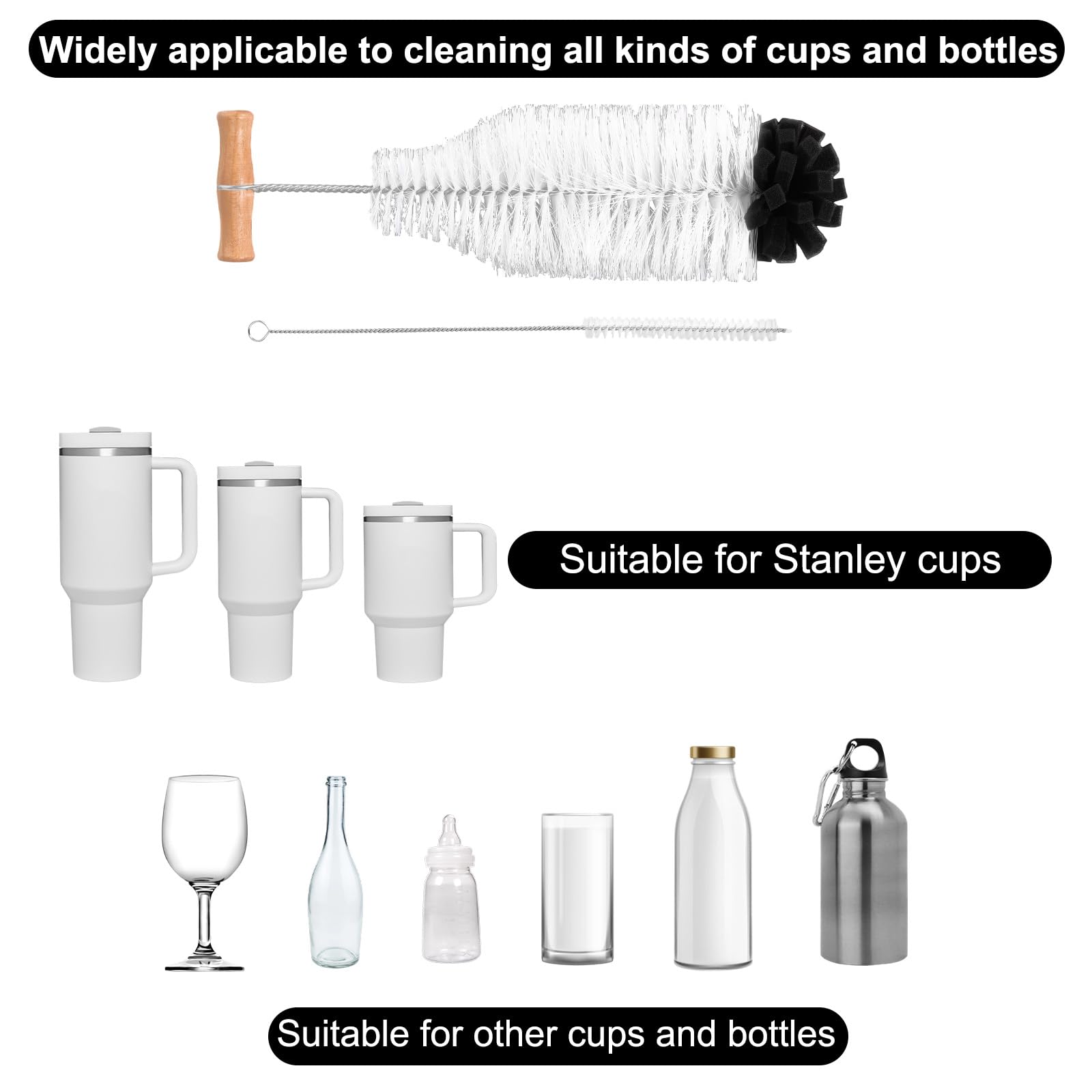 2pcs Water Bottle Cleaning Brush Set, Long Wooden Handle Brush with Straw Cleaner Water Bottle Cleaning Kit for Stanley Cup Tumblers Travel Mugs & Other Bottles