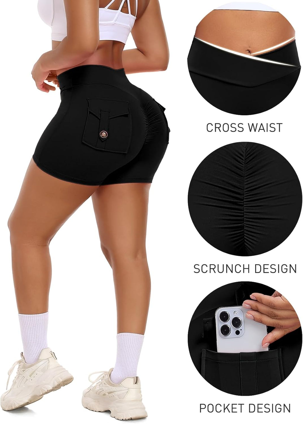 SEASUM Women's Pocket Shorts - 3"/4.5" Scrunch Butt Cargo Yoga Shorts for Booty Lifting Gym Wear