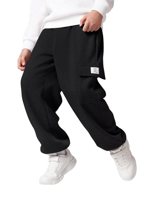 RoseSeek Boy's Wide Leg Cargo Pants Baggy Sweatpants Casual Sports Joggers Big Kids Long Trousers with Pockets Black 12 Years