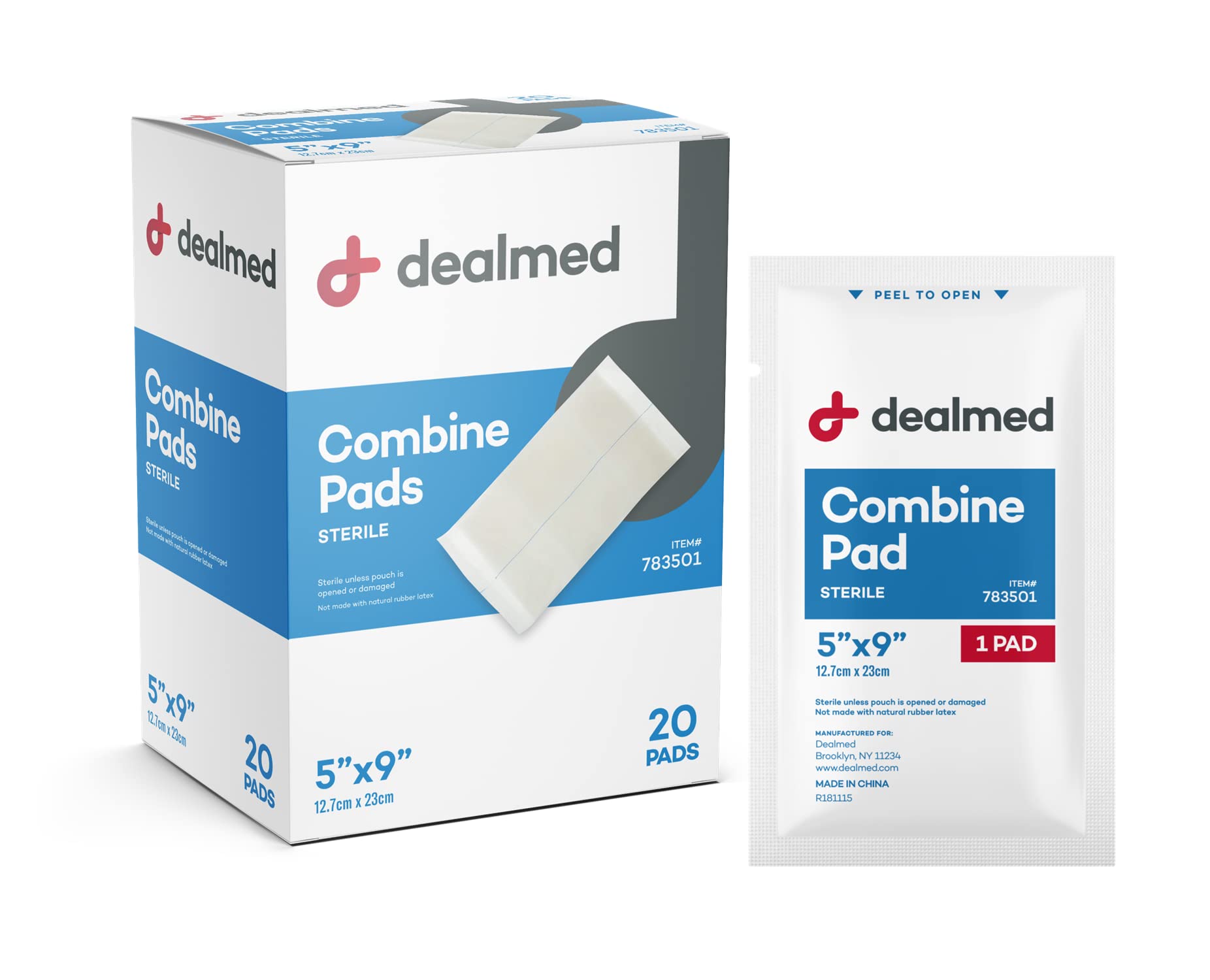 Dealmed Abdominal Combine Pads 5"x9" (20-Pack) Sterile Individually Wrapped, ABD Pads, Absorbent, Non Adherent for Wound Care, Drainage, First Aid, 20/Box (1 Pack)