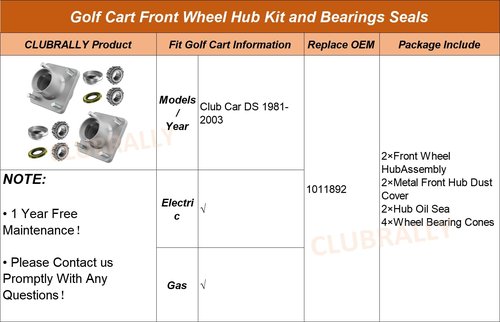 CLUBRALLY Golf Cart Front Wheel Hub Kit and Bearings Seals, Front Hub Assembly for 1981-2003 Club Car DS Gas & Electric Golf Cart, OEM#1011892 (2 PCS)