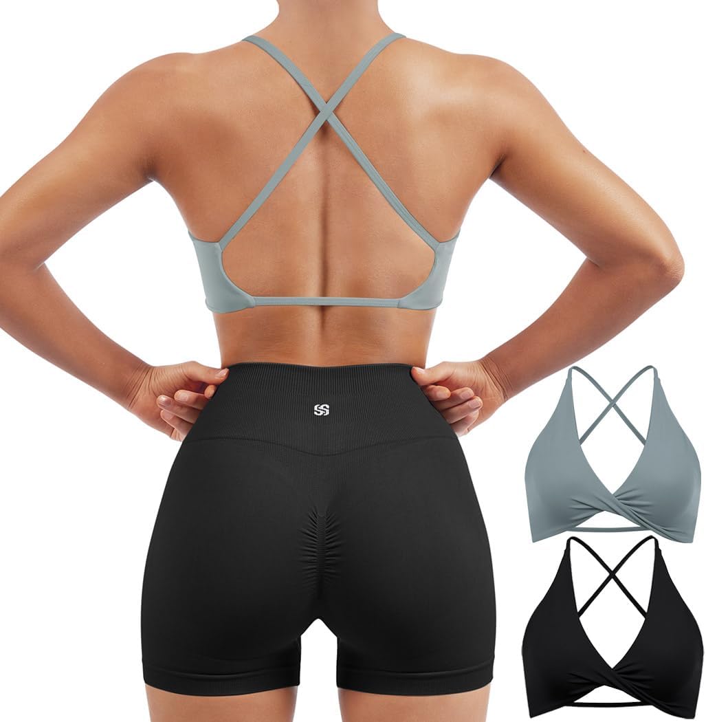 SUUKSESS Women's Strappy Sports Bra Set - Open Back & Twist V Neck Workout Crop Tops