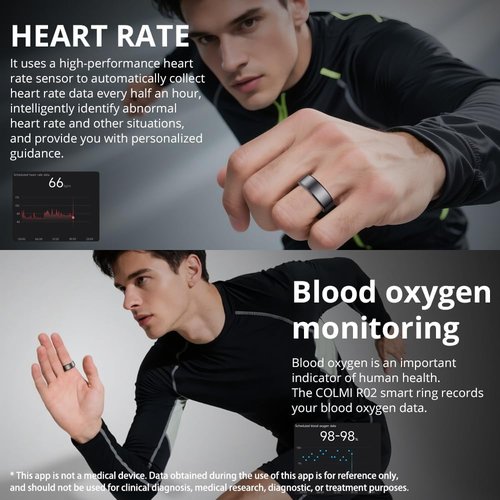 COLMI R02 Smart Ring - Heart Rate & Sleep Monitoring | Charging Case Included, Black, Size 7