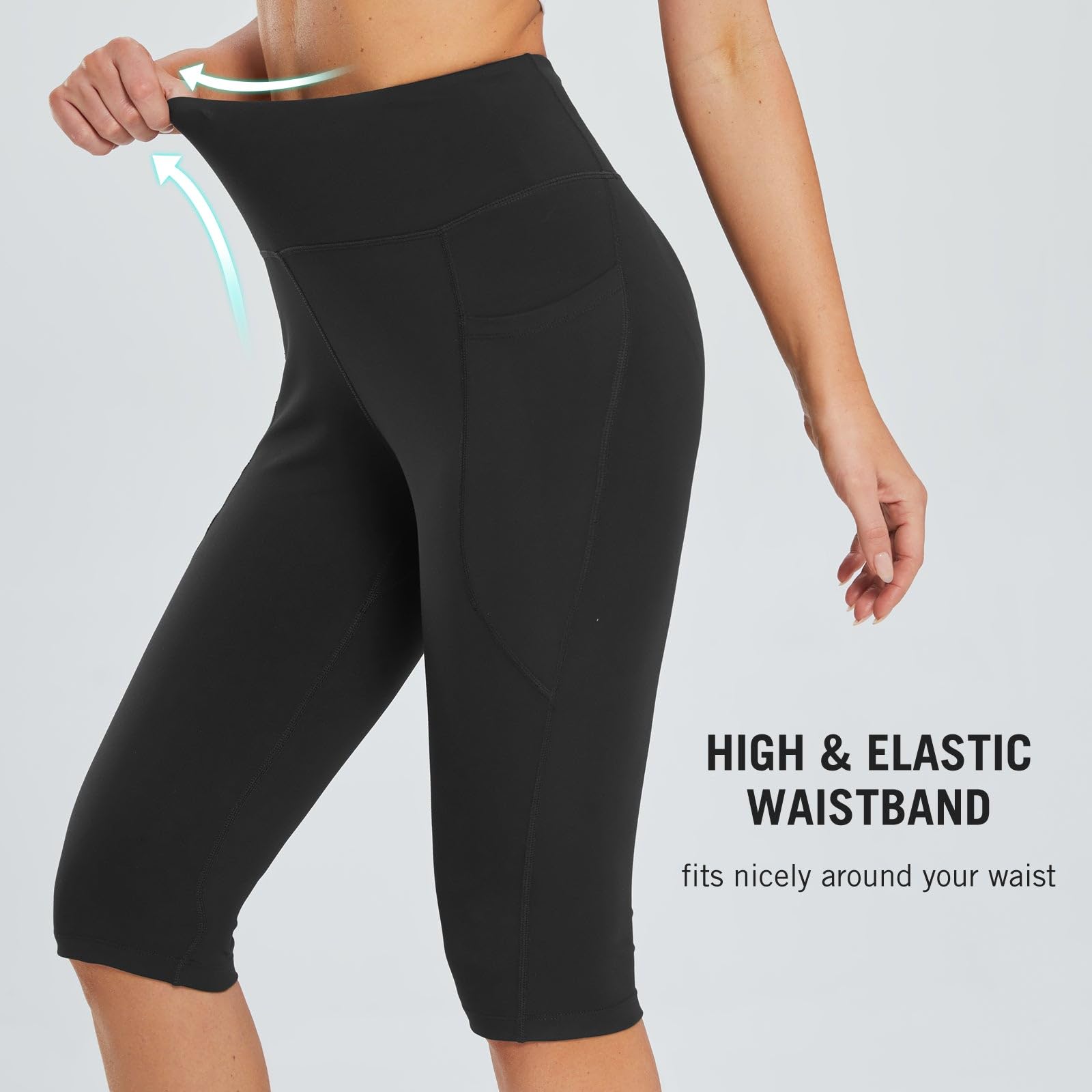 baleaf Capri Leggings for Women High Waisted Capri Pants with Pockets Knee Length Yoga Workout Casual Exercise Black L