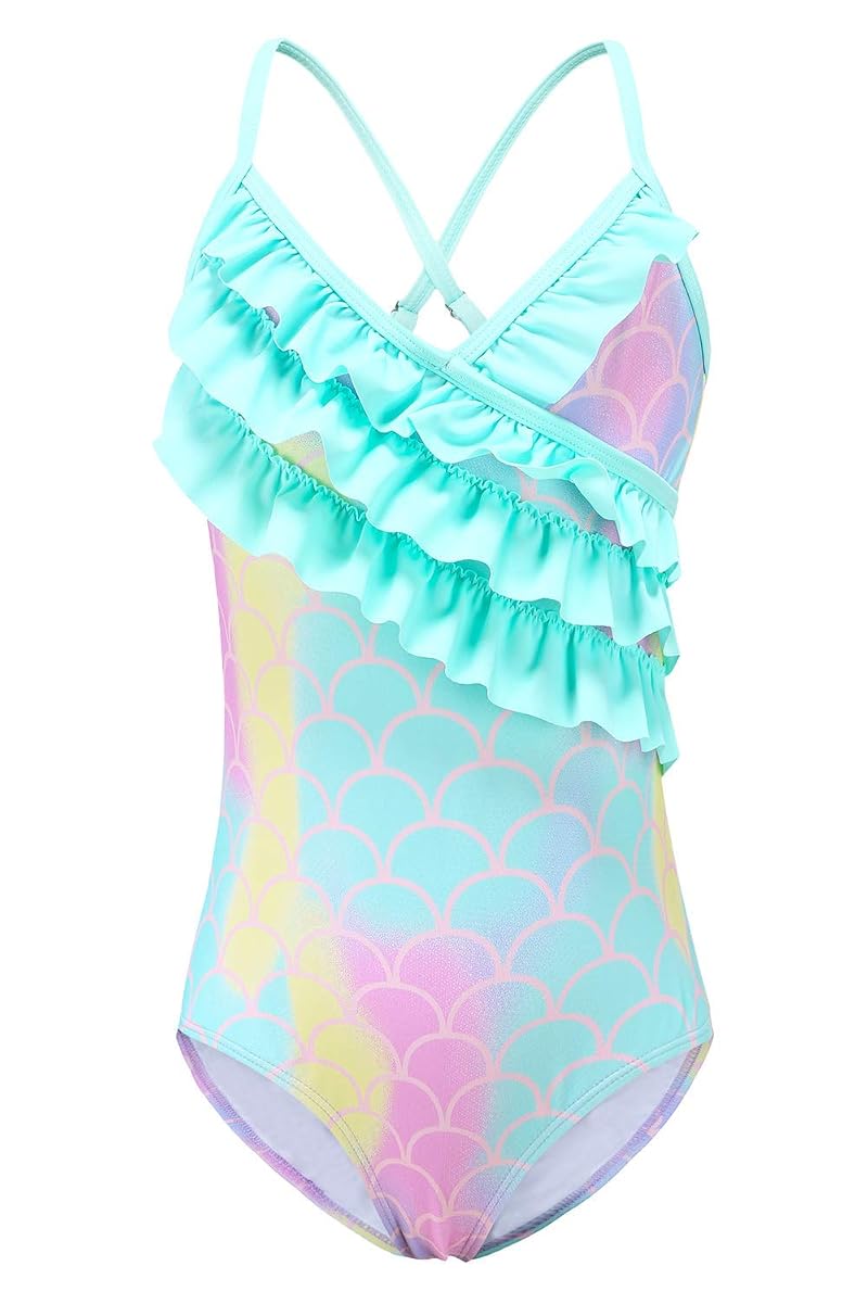 Girls Rainbow Mermaid One-Piece Swimsuit - Hawaiian Ruffle Bathing Suit (34+7-8 Years)