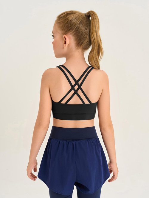 Haloumoning Girls Training Bra Kids Strappy Scoop Neck Bras Yoga Sports Comfort Dance Crop Top 5-14 Years Black