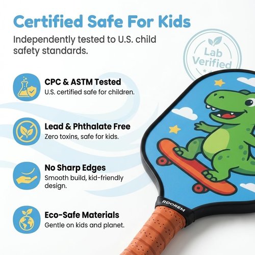 Kids Pickleball Paddle - Lightweight & Durable with Large Sweet Spot - Cute Pickleball Paddle Gift for Toddler & Youth Players - Skateboard Dino