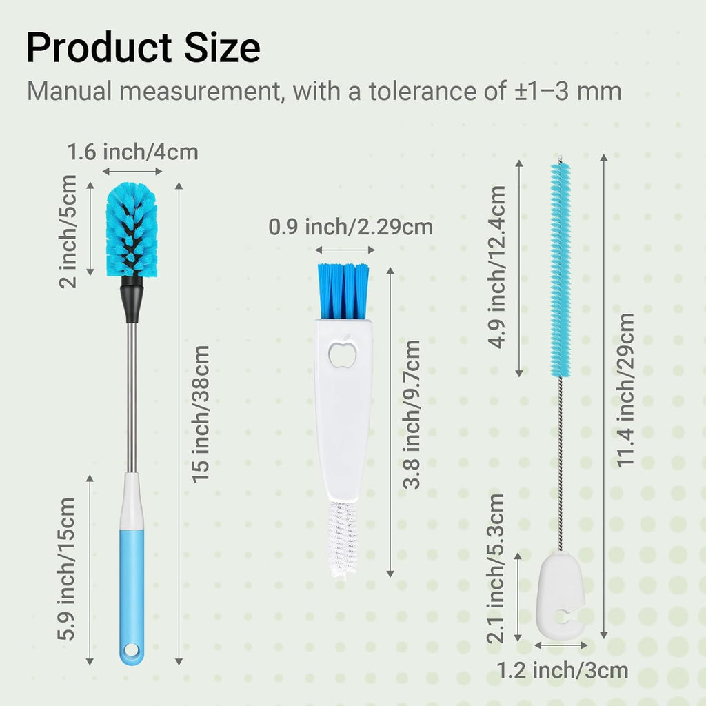Skiennix 3-in-1 Bottle Brush - 15-Inch Long Handle for Easy Cleaning of Wine Glasses, Tumblers & Mugs