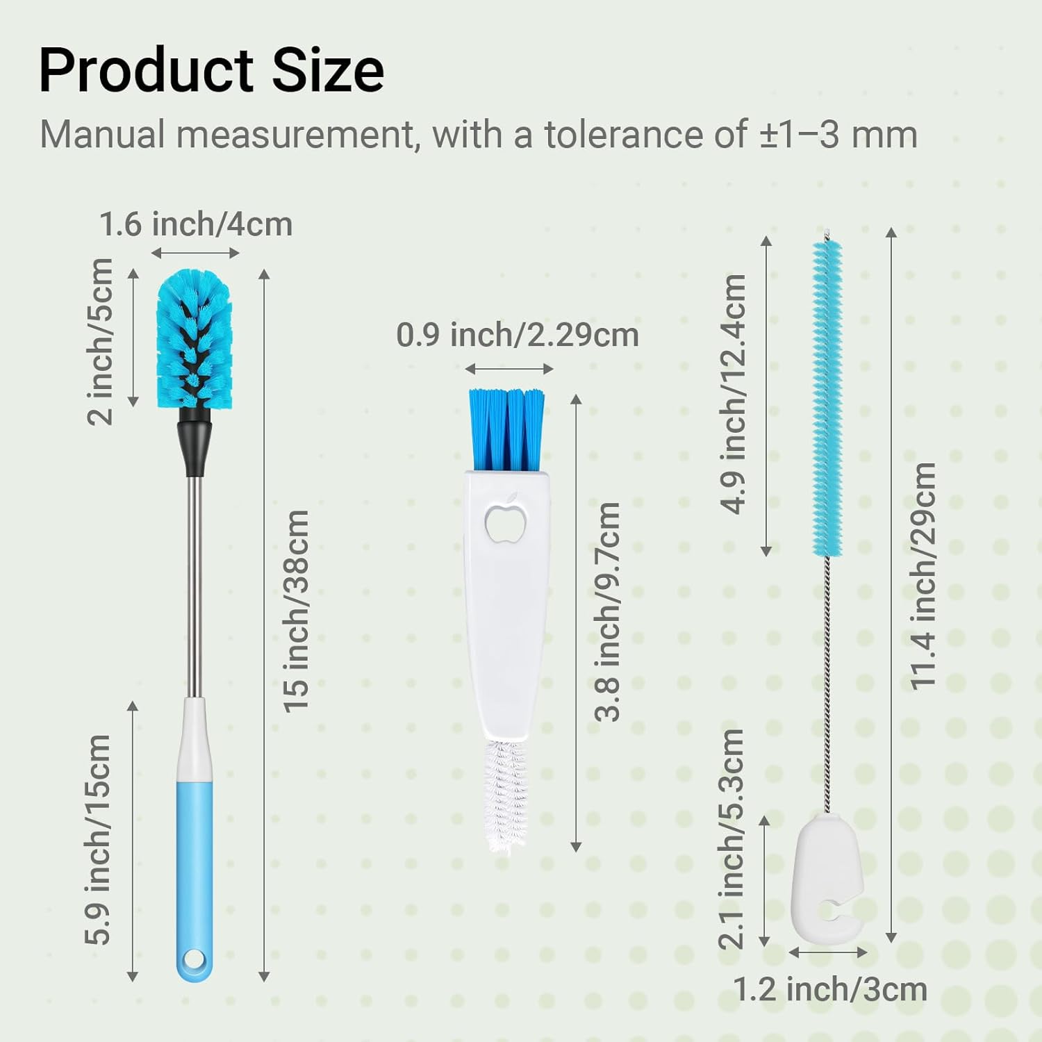 Skiennix 3-in-1 Bottle Brush - 15-Inch Long Handle for Easy Cleaning of Wine Glasses, Tumblers & Mugs