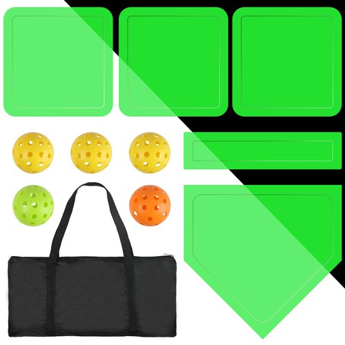 Baseball & Softball 5 Piece Base Set, Luminous Green Rubber Field Bases for Kids & Adults, with 5 Piece Training Balls and Storage Bag, Throw Down Base for Backyard Tee-Ball, School Kickball Practice