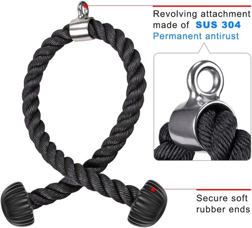 Kipika Tricep Rope - Heavy Duty Nylon Cable Machine Attachment with Soft Rubber Ends | Gym Pull Down Rope