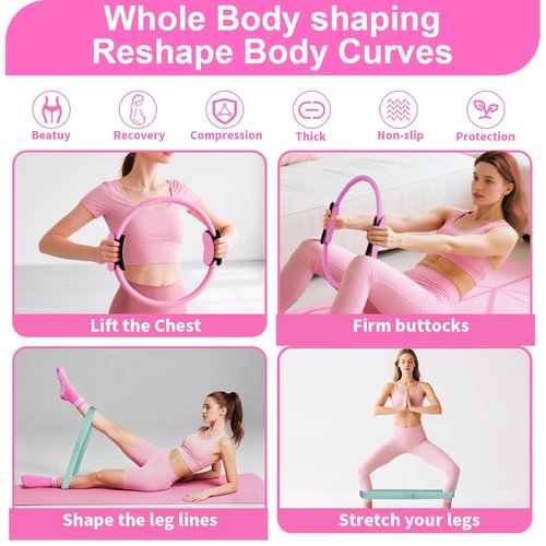 CoreHarmony Home Pilates Workout Set for Women, Magic Circle Ring with Mini Ball, Stretch Loop Band, Workout Towel and Grip Socks, Valentine’s Day Gift for Her