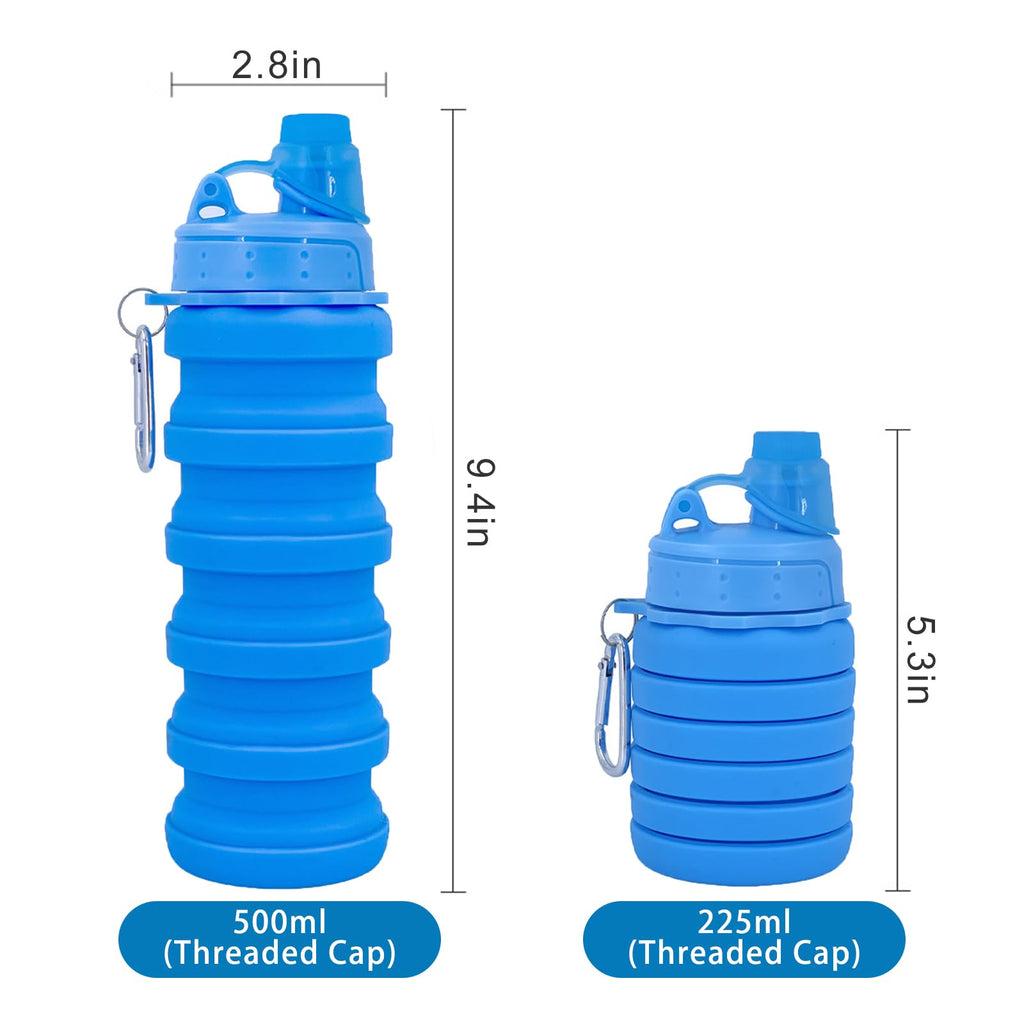 YCTMALL Collapsible Water Bottles Two Pack Travel Sports Portable Sport Water Bottle comes with mountaineering Buckle 500ml silicone Water-proof camping water bottle (Blue and Pueple Color)