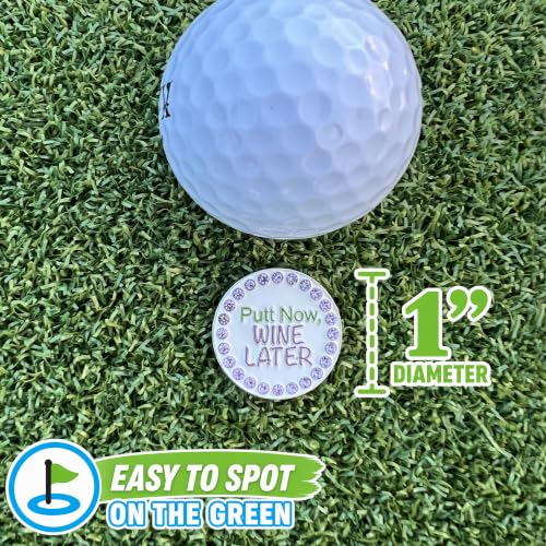 Golf Ball Marker with Hat Clip - Putt Now Wine Later Bling Design