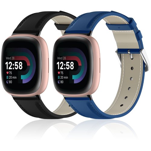 Lzwldan 2 Pack Leather Bands Compatible With Fitbit Sense/Versa 3/4 - Soft Genuine Leather Replacement Wristband for Men and Women