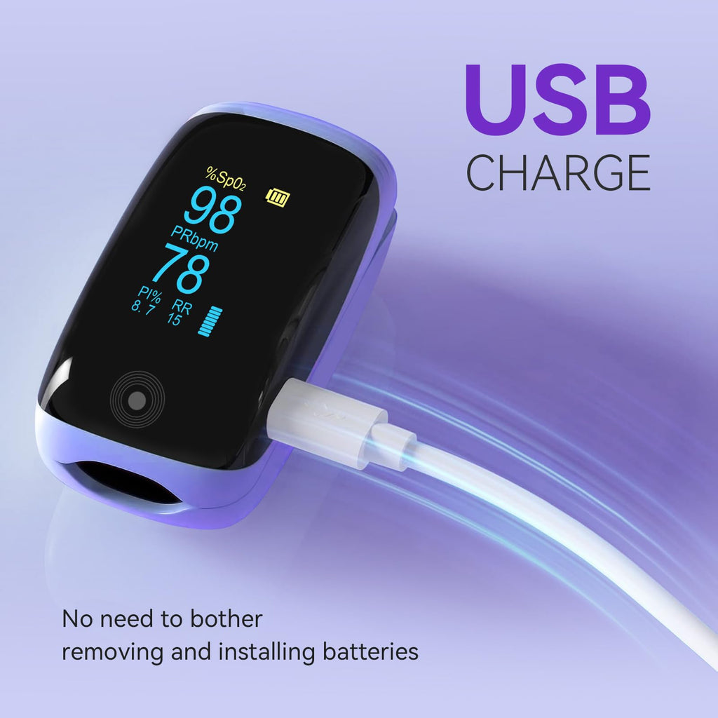 Pulse Oximeter with Respiration Rate, SpO2, PR & PI, Rechargeable Finger Oxygen Monitor - Fast, Accurate Reading for Sports & Aviation, Home Use - Portable OLED Display(Purple)