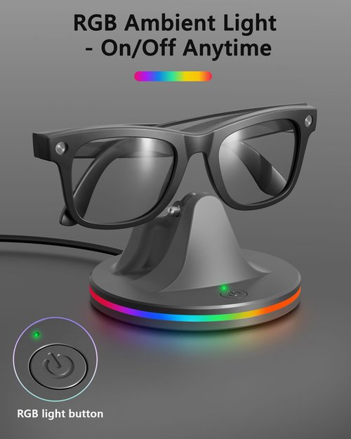 Charging Station for Meta Ray-Ban Glasses, Charging Stand Compatible with Wayfarer, Skyler, Headliner & Oakley Meta HSTN, with 7-Color RGB Light and USB-C Cable, Space Gray