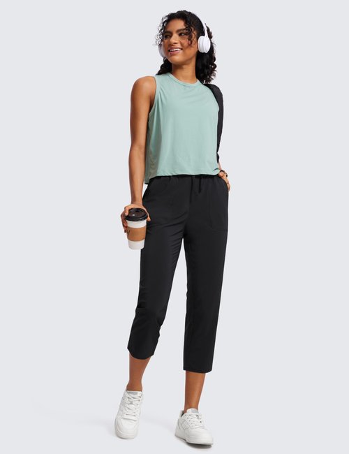 CRZ YOGA Lightweight Capri for Women 23" Cropped Casual Lounge Work Athletic Travel Pants with Pockets Quick Dry Summer Black Small