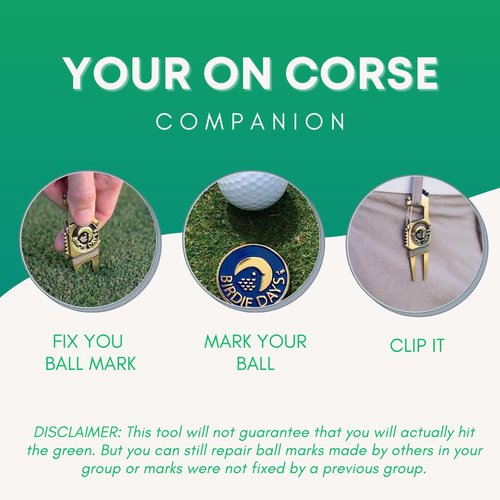 Birdie Days | Golf Ball Marker and Divot Tool Set | Antique Brass Finish | 2 Ball Markers and 1 Divot Tool | 6 Plastic Tees