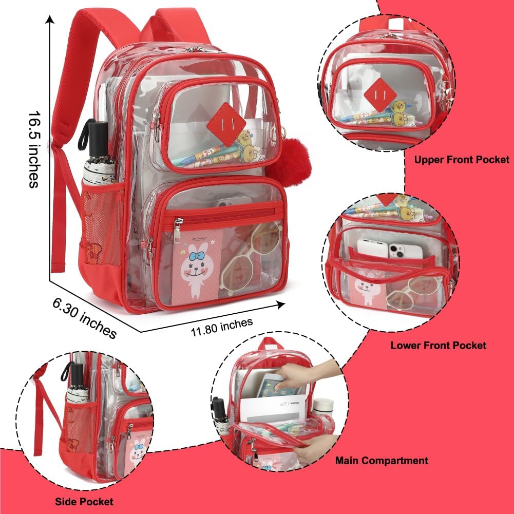 Skiennix Heavy Duty Clear Backpack - Durable Transparent School Bookbag for Kids | Red Color