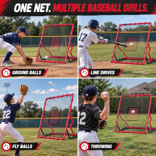 Red Baseball Rebounder Net 4x4.5 FT - Pitch & Practice Back & Volleyball