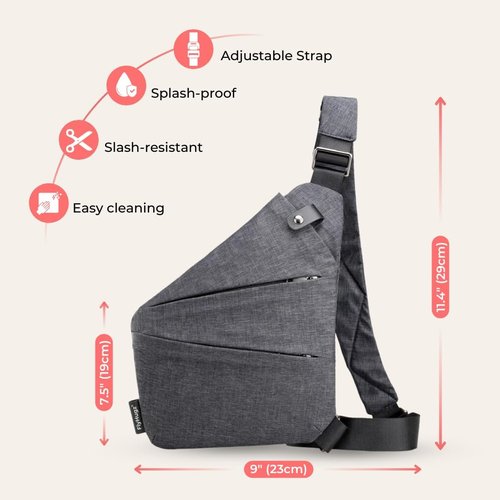 FlyHugz Anti-Theft Crossbody Sling Bag - Gray Canvas, Water-Resistant, Multi-Pocket Design for Travel