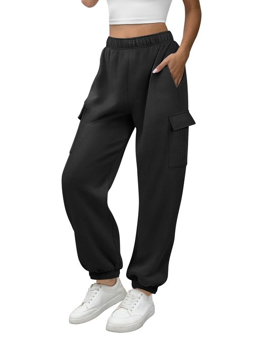 ATHMILE Womens Cargo Sweatpants Fleece High Waisted Joggers Pants Athletic Lounge Trousers with Pockets 2026 Black