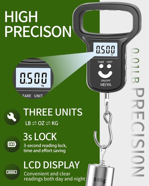 MEIYA Fishing Scale - Dual Power Rechargeable with Backlit LCD Display | Extra Wide Handle, Black