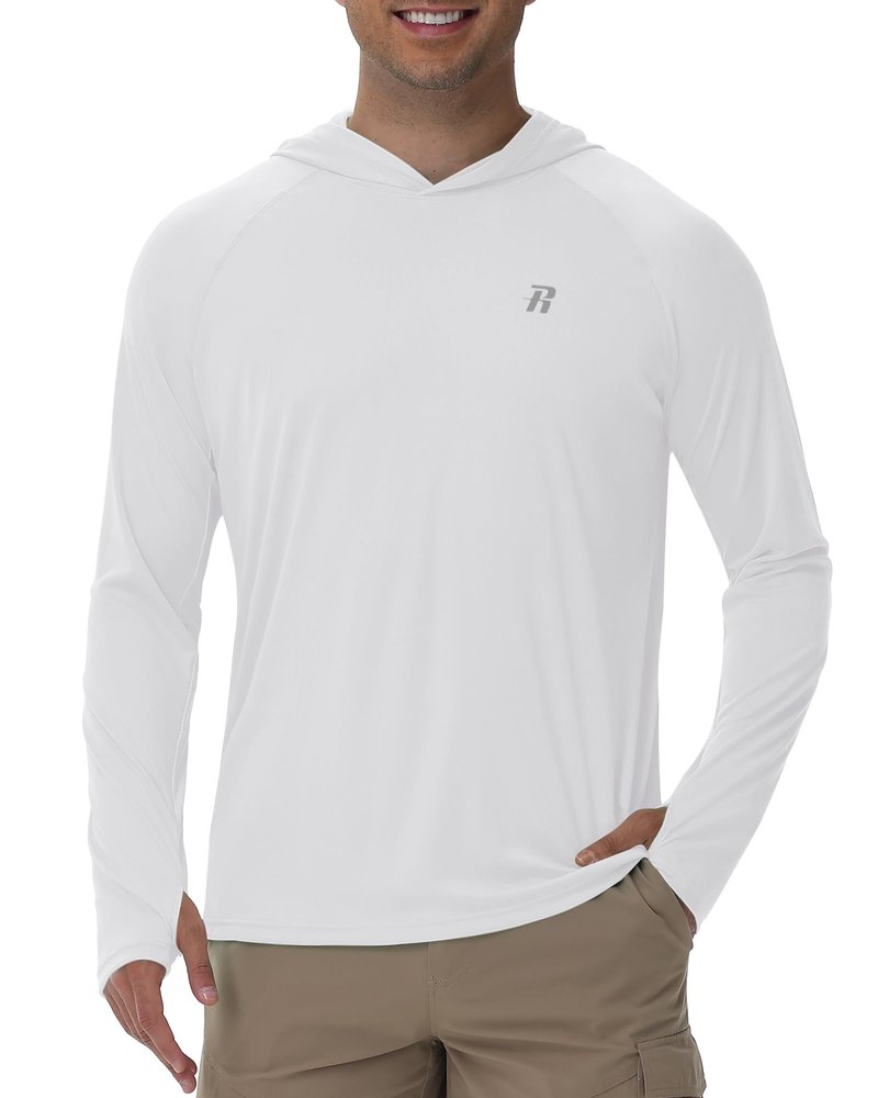 Runhit UPF 50+ Fishing Shirts for Men Long Sleeve UV Sun Protection Hoodie Outdoor Workout Hiking Running Rash Guard Lightweight Quick Dry White L