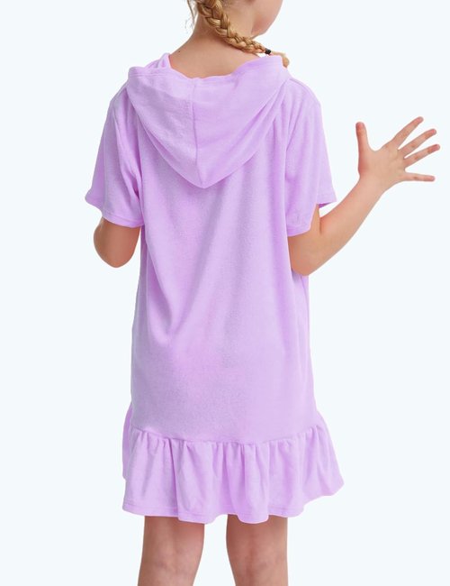Girls Swim Cover Up Multicolor Hooded Zip-Up Terry Swimsuit Ruffle Bathing Suit Kids Short Sleeve Swimwear