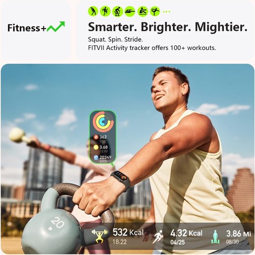 FITVII Slim Fitness Tracker - AMOLED Display, Blood Oxygen & Pressure Monitoring | IP68 Waterproof, 24/7 Heart Rate Tracking