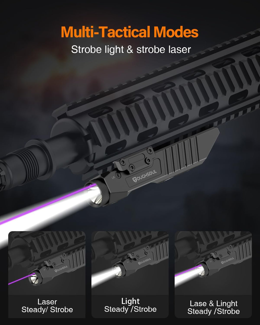 TOUGHSOUL Tactical Flashlight - 1450 Lumen with Purple Laser Sight & Rechargeable Battery | Durable Polymer Body