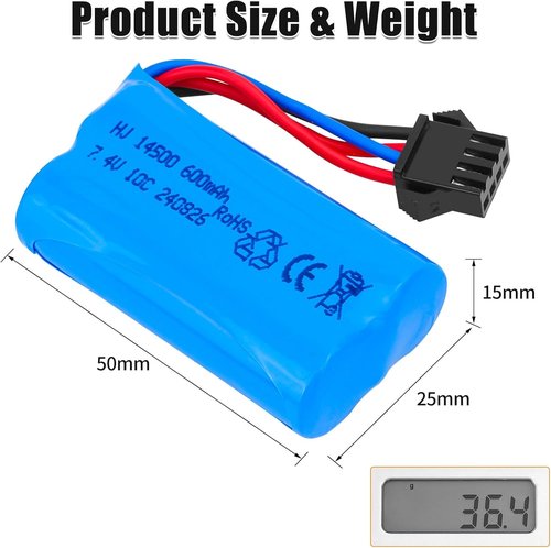 Crazepony 7.4V Li-Ion 600mAh Rechargeable Battery - SM-4P Plug & Charger Cable for RC Vehicles | 2 Pack
