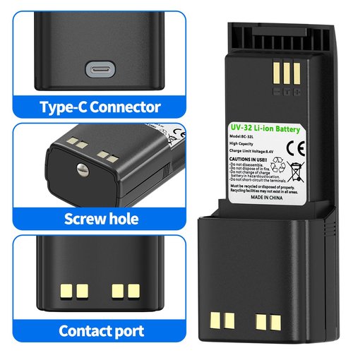 BAOFENG DM32 Battery 3800mAh USB-C Charging Extended High Capacity Rechargeable Li-ion Battery with USB-C Charging Cable Compatible DM-32 UV32 Walkie Talkie Battery Accessories(2Pack)