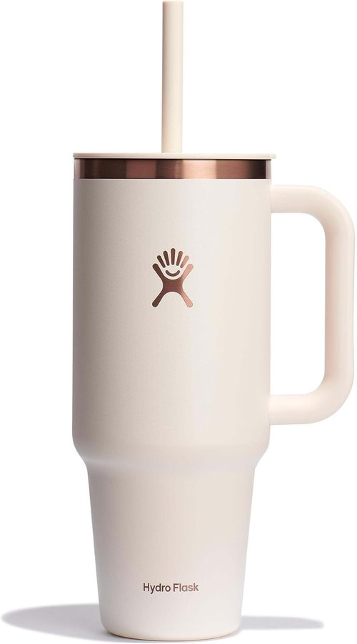 Hydro Flask Travel Tumbler - Insulated Stainless Steel with Handle & Straw | 40 Oz Ivory Rose Gold