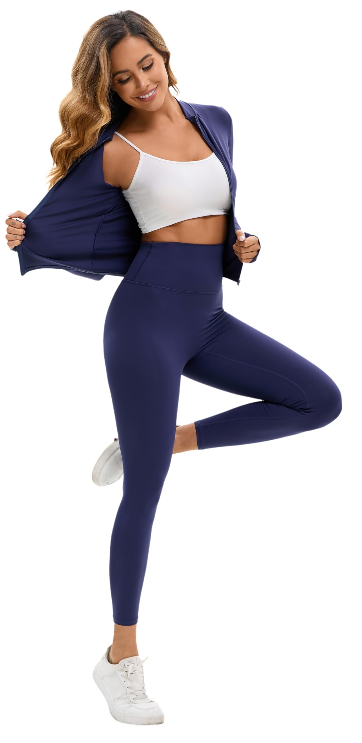 Womens 2 Piece Workout Set Gym Leggings Zip Up Jacket Matching Set Tummy Control Pants Athletic Outfit M Navy Blue