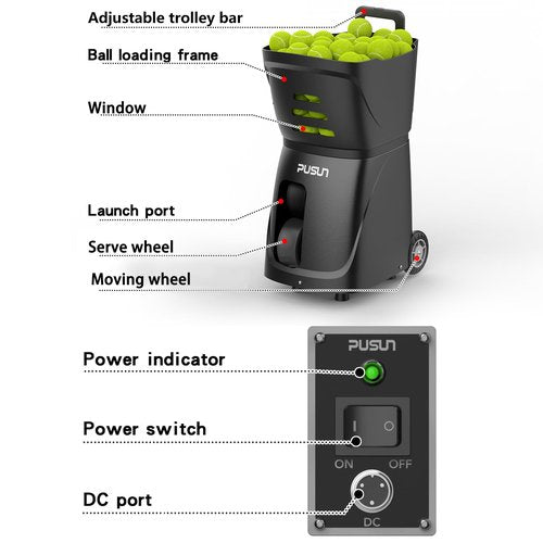 PUSUN Smart Tennis Ball Machine PT-Smart - APP Controlled Auto Feed, 12 Training Modes, 100 Ball Capacity, 4-6Hr Battery Life, Suitable for All Level Players(Black)